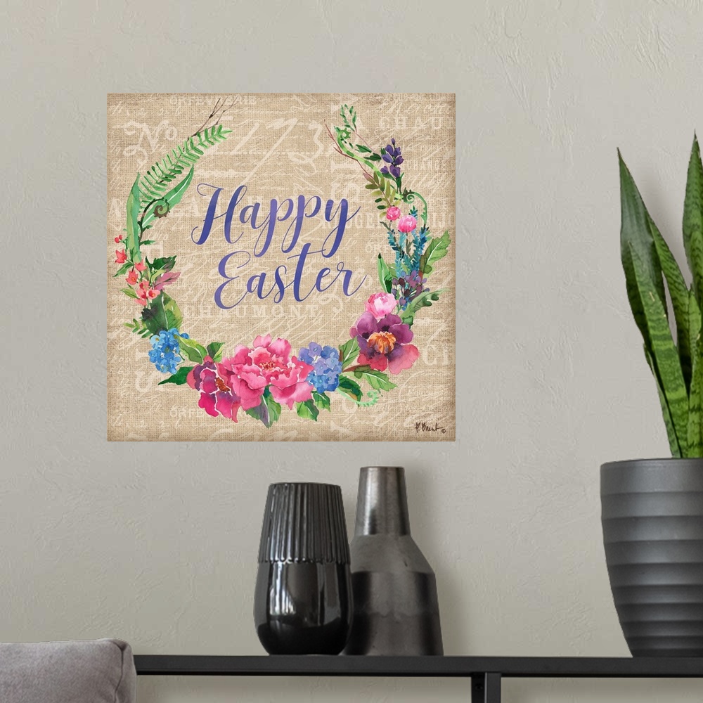 A modern room featuring "Happy Easter" written in the center of a Spring floral wreath