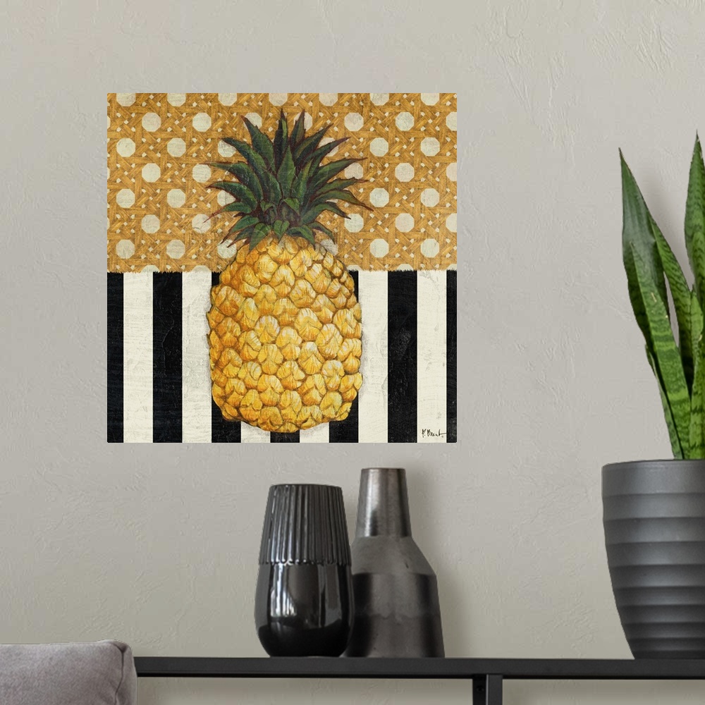 A modern room featuring A pineapple on classic black and white stripes and a golden design.