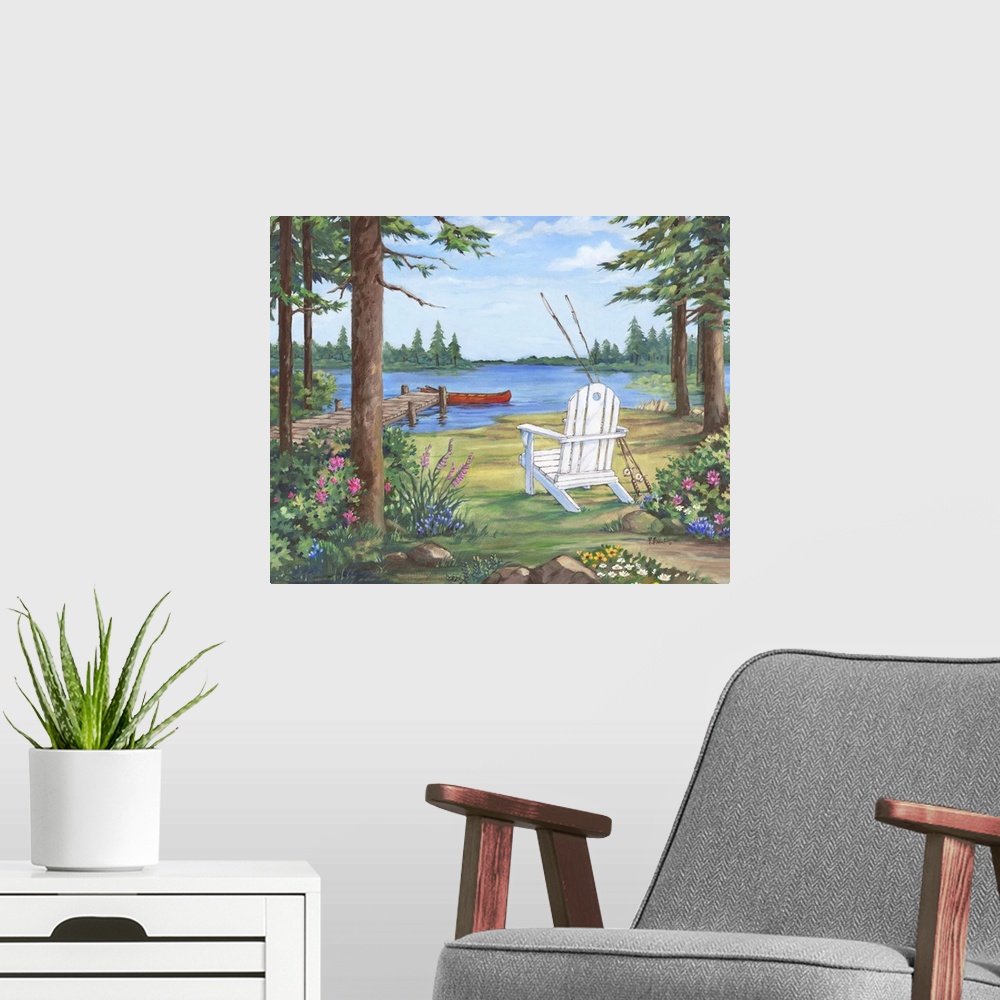 A modern room featuring Contemporary painting of a lake with an adirondack chair, pier, fishing poles, and trees.