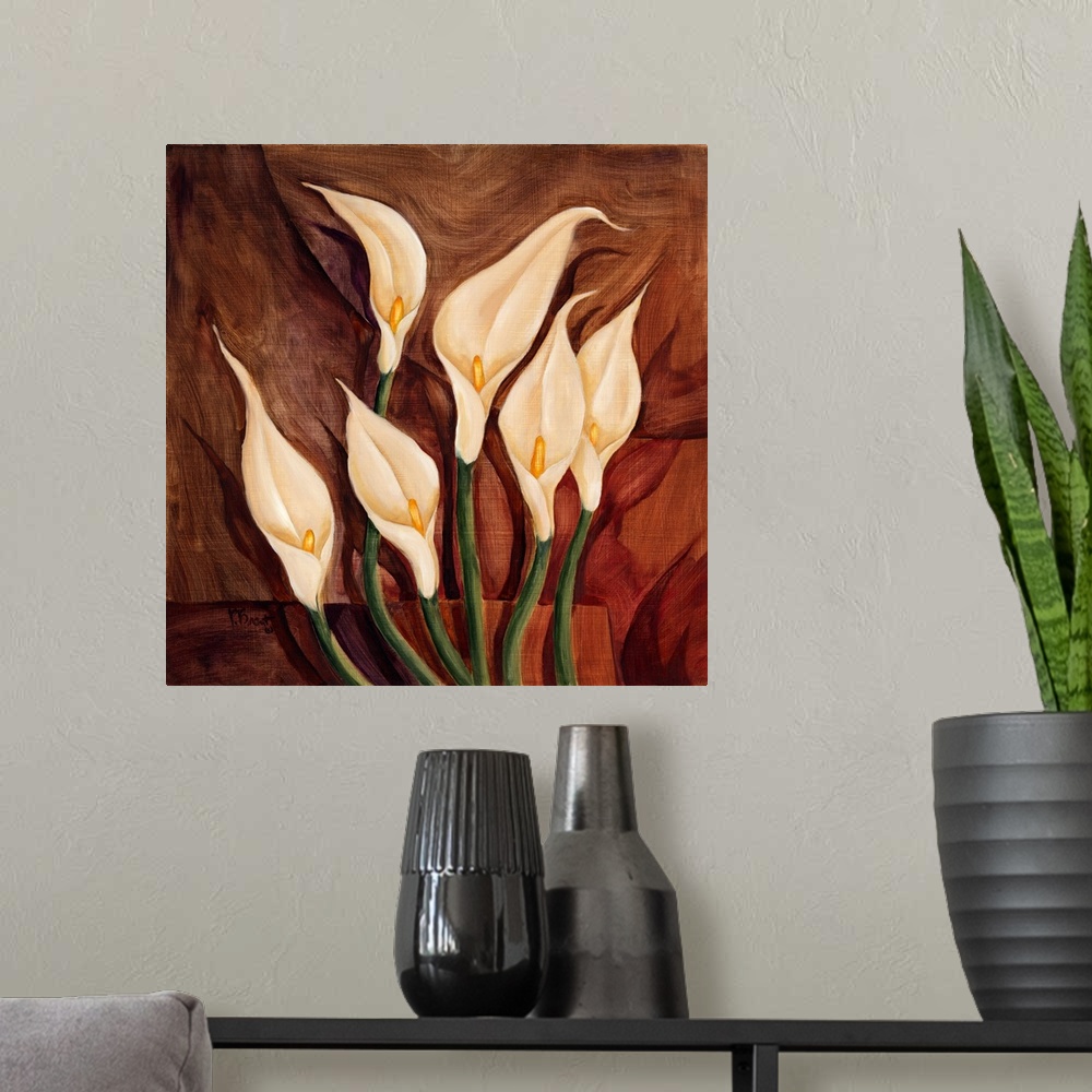 A modern room featuring Contemporary painting of calla lilies.