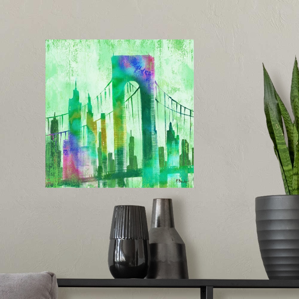 A modern room featuring Watercolor skyline of buildings and the Brooklyn Bridge in New York city in green and purple tones.