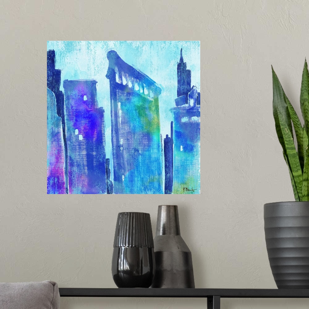 A modern room featuring Watercolor skyline of the Flatiron Building in New York city in blue and purple tones.