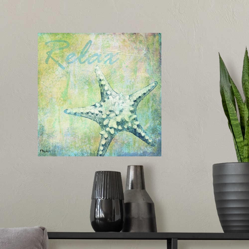 A modern room featuring Cool-toned artwork with a starfish print on a textured background and the text Relax.