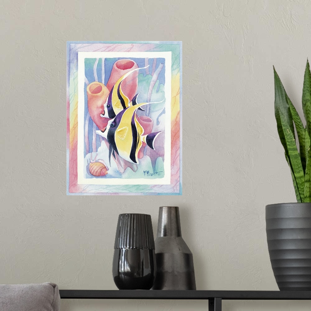 A modern room featuring Watercolor painting of two angelfish swimming near tube coral, done in pastel colors.