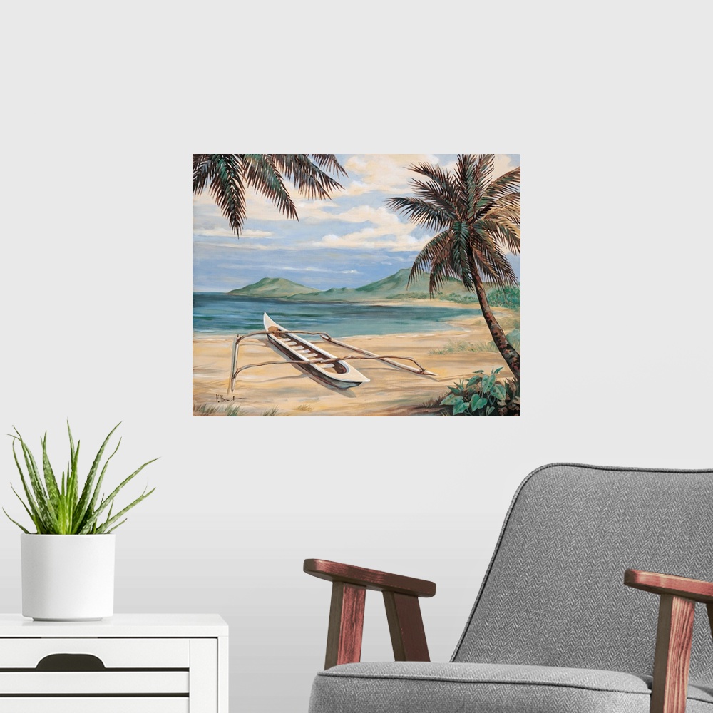 A modern room featuring Contemporary painting of palm trees overlooking the beach with an outrigger canoe.