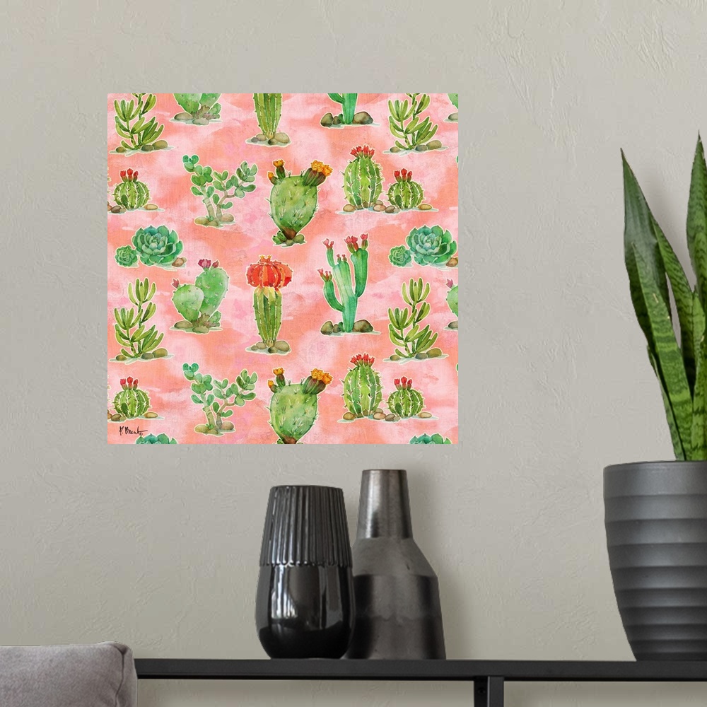 A modern room featuring Square watercolor painting of cacti and succulents on a light pink background.