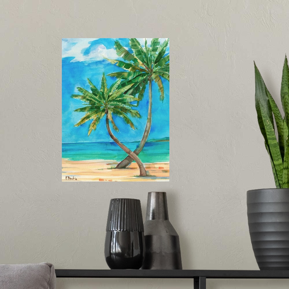 A modern room featuring Watercolor painting of palm trees growing on the beach near a turquoise ocean.