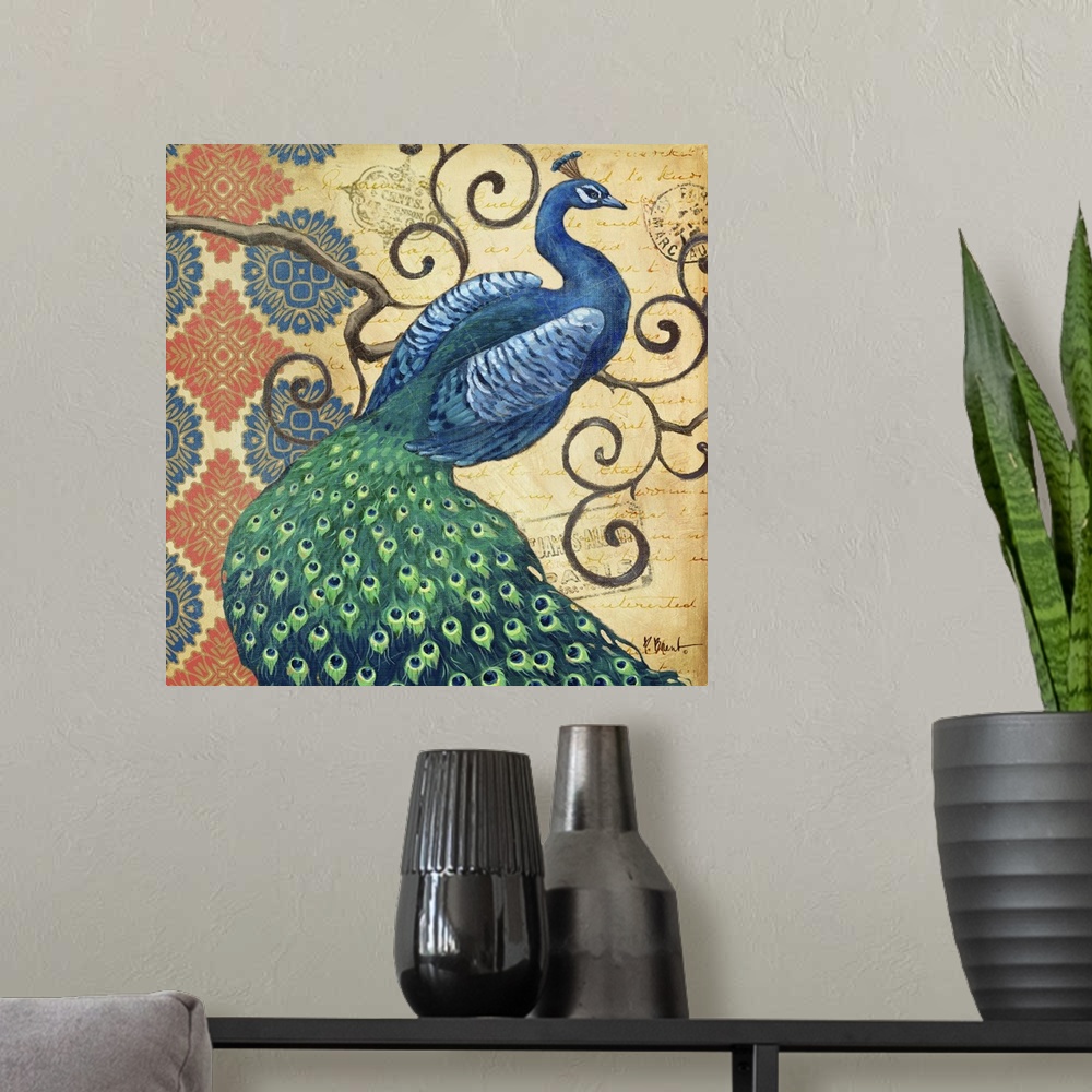 A modern room featuring Painting of a male peacock perched on a very curly branch on a batik pattern.