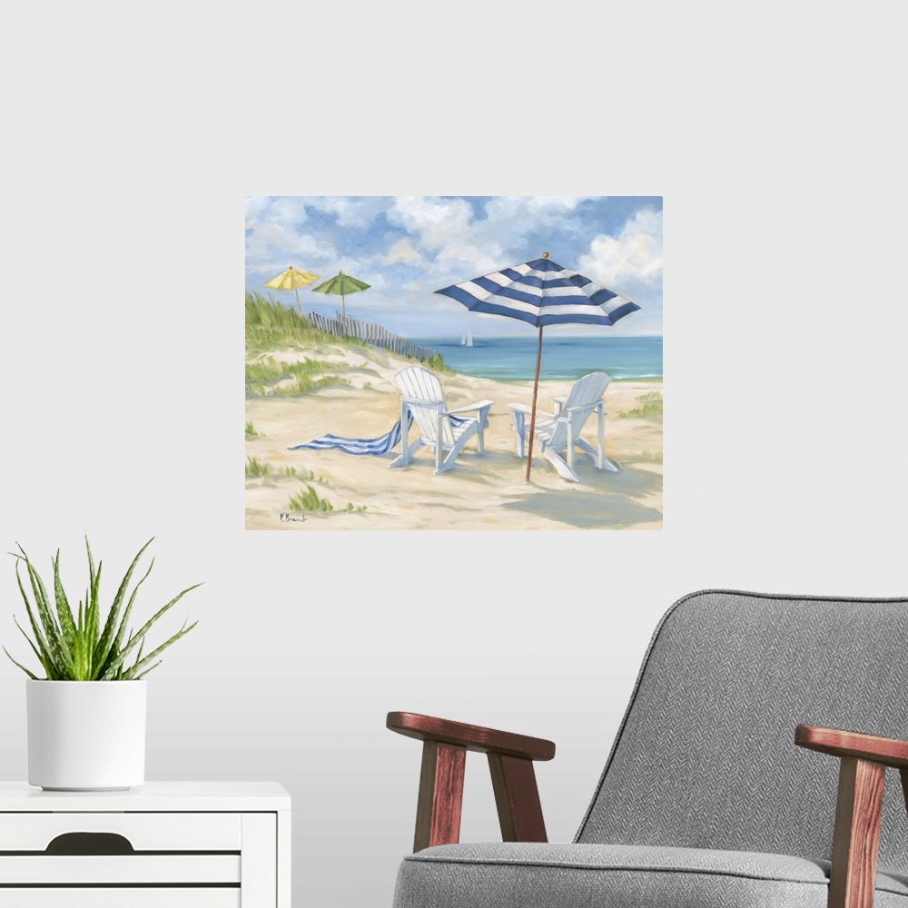 A modern room featuring Painting of two beach chairs under a sun umbrella.