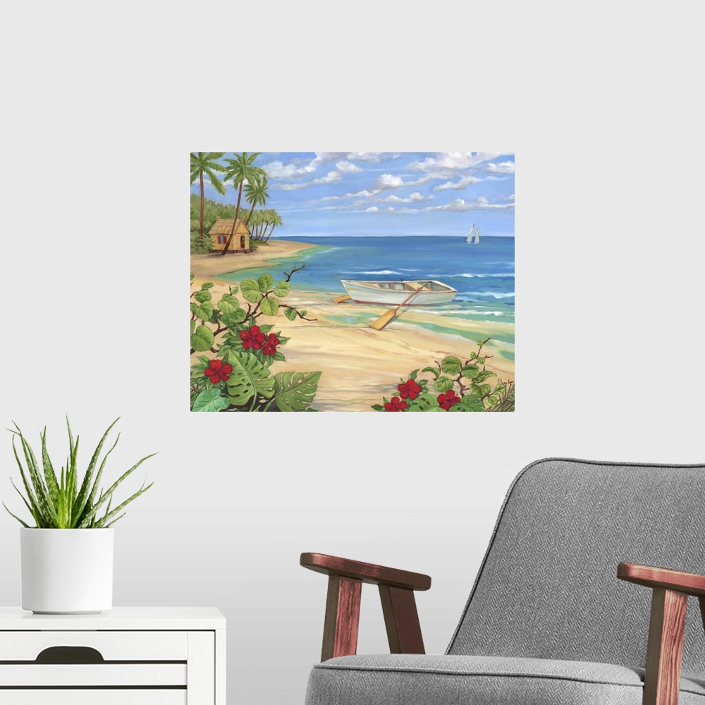 A modern room featuring Painting of a rowboat on the shore near tropical flowers and a beach hut.