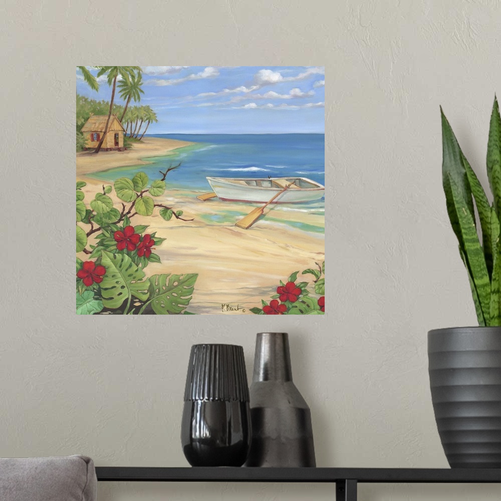 A modern room featuring Painting of a rowboat on the shore near tropical flowers and a beach hut.