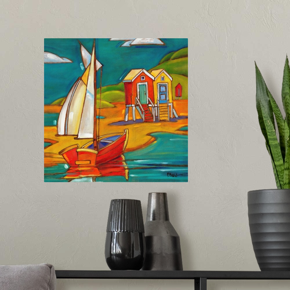 A modern room featuring Stylized painting of a beach with a sailboat and two beach huts.