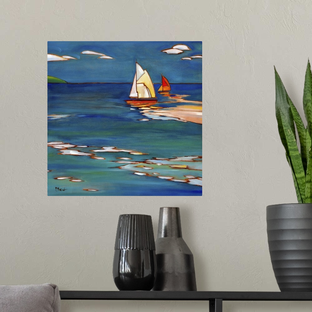 A modern room featuring Stylized painting of a beach with two sailboats and their reflections.