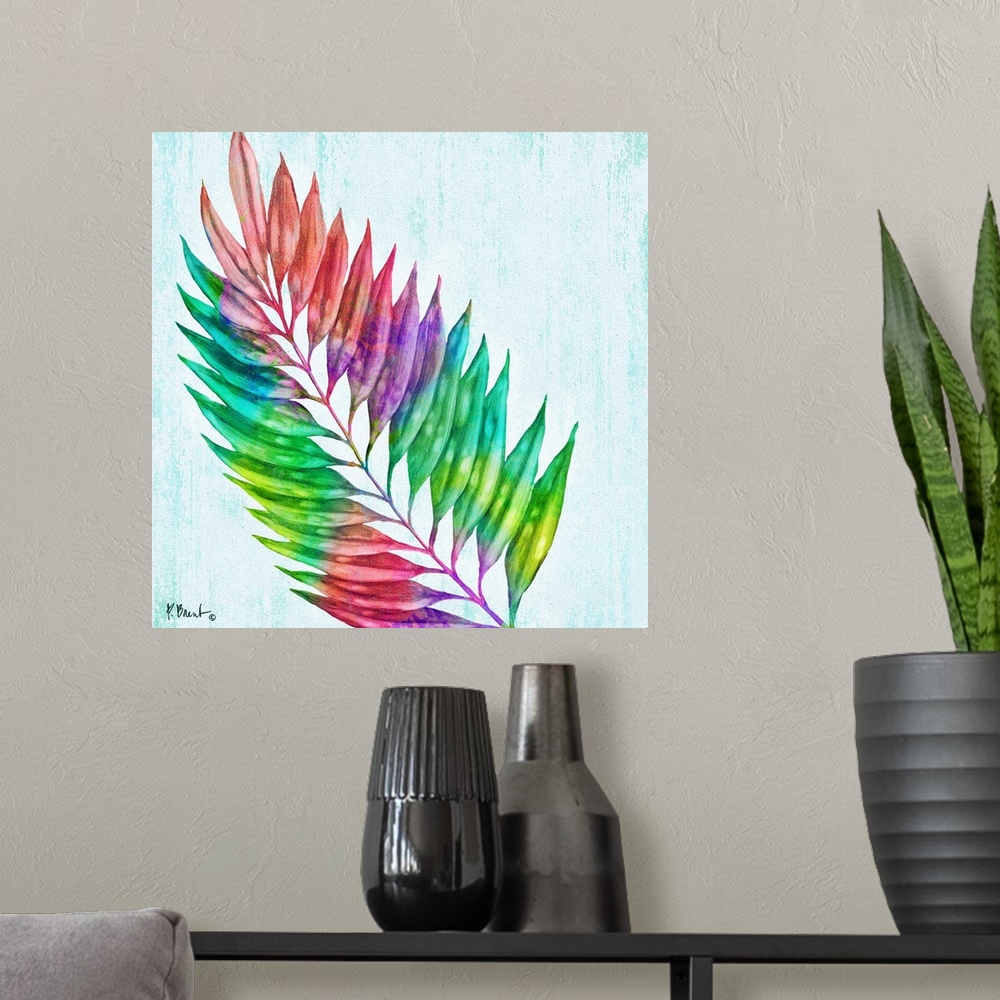 A modern room featuring Square decor with a multi-colored palm branch on a white textured background with hints of turquo...