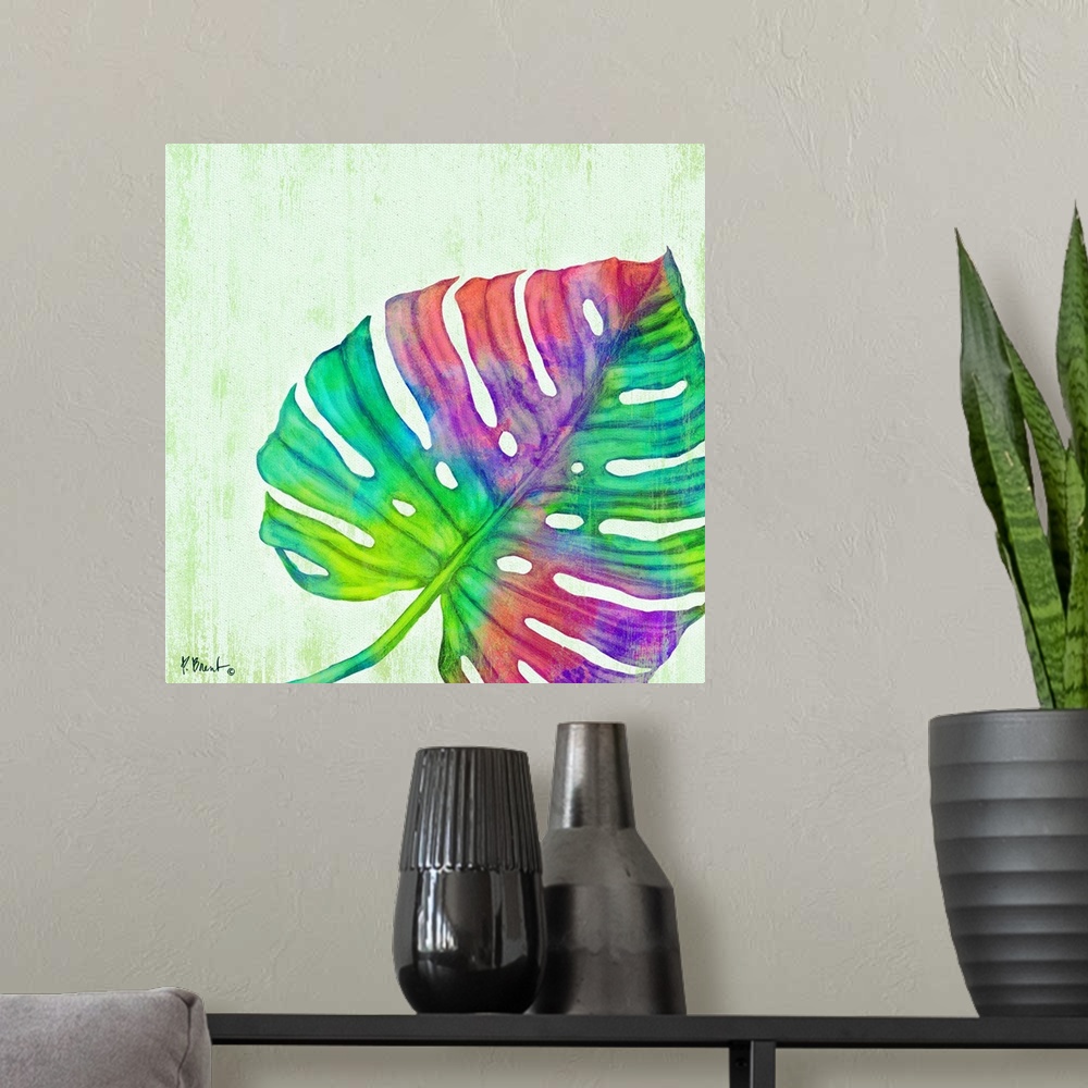 A modern room featuring Square decor with a multi-colored palm leaf on a white textured background with hints of green.