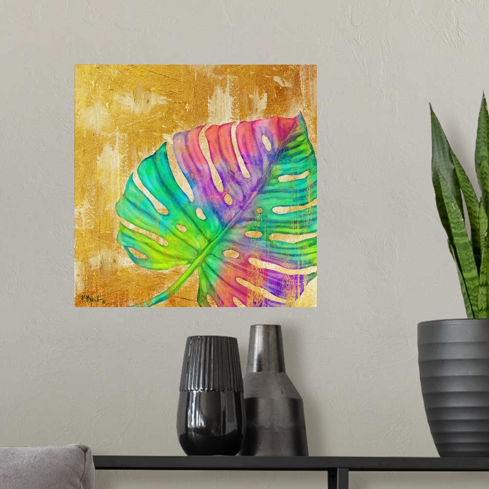 A modern room featuring Square decor with a multi-colored palm leaf on a gold textured background