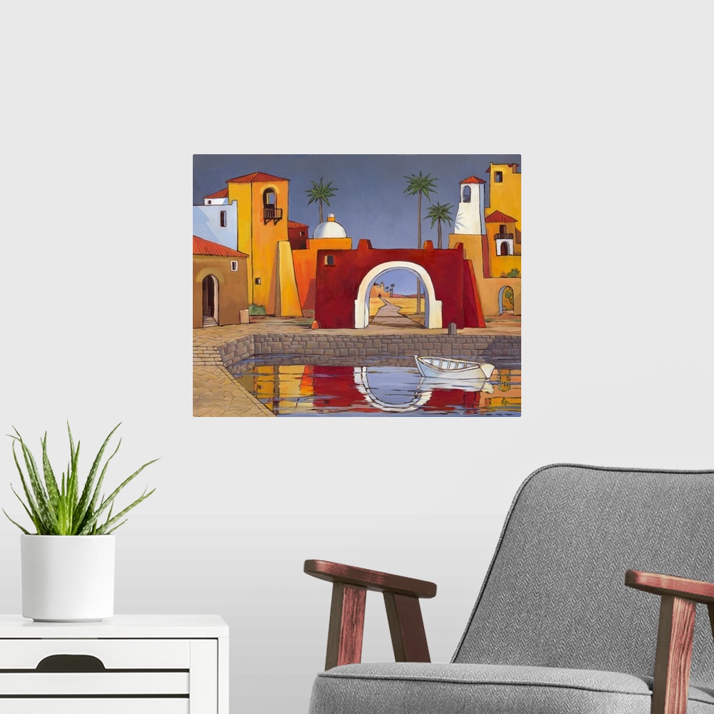 A modern room featuring Contemporary painting of a scene in Puerto del Mar with adobe buildings and a large archway.