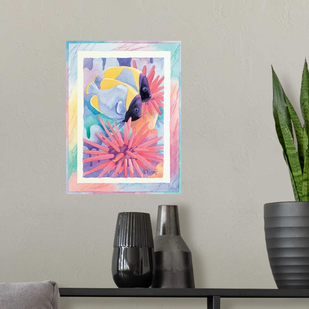 A modern room featuring Watercolor painting of two fish swimming near sea urchins, done in pastel colors.