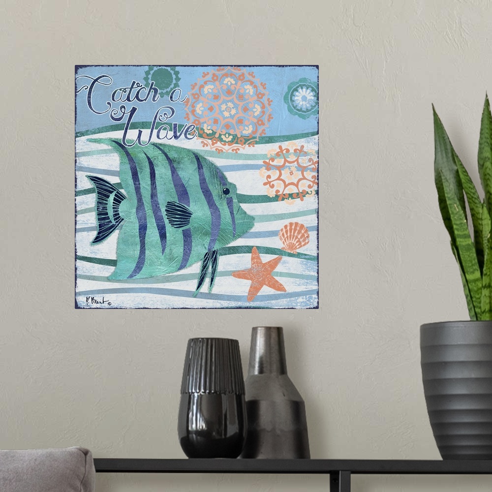A modern room featuring Contemporary decorative artwork of a tropical fish on a stylized wave background with sea life el...