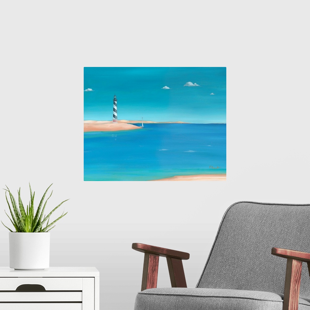 A modern room featuring A view from the ocean to the distant Cape Hatteras lighthouse in North Carolina.