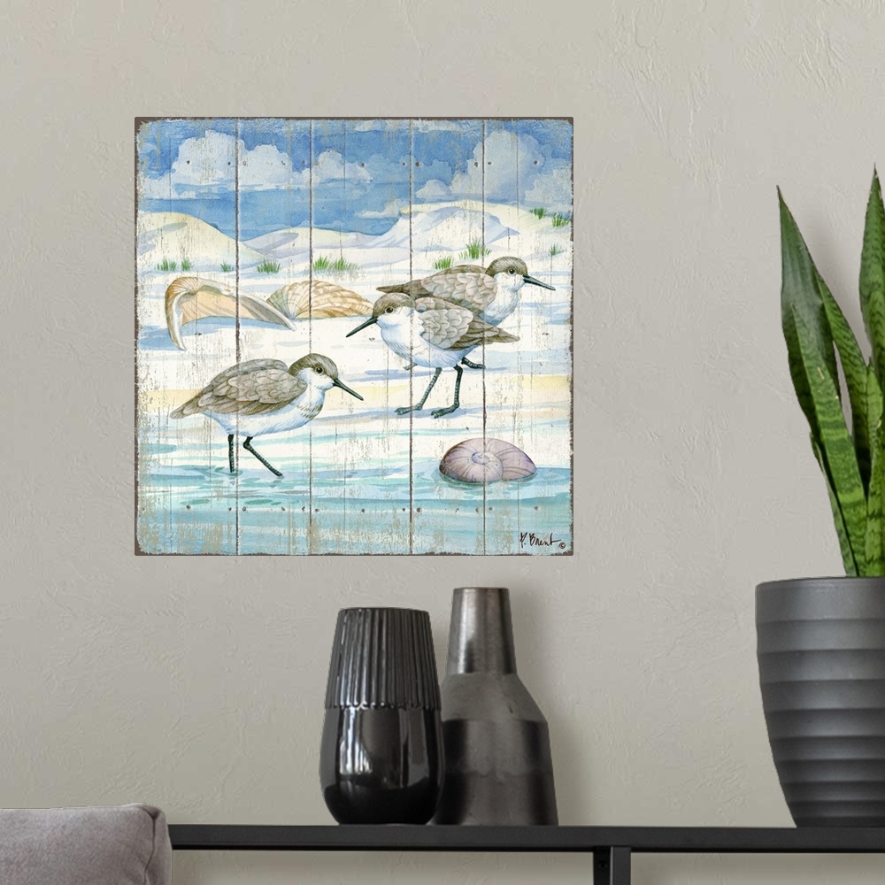 A modern room featuring Square painting of sandpipers on the shore with shells all around them and dunes in the background.