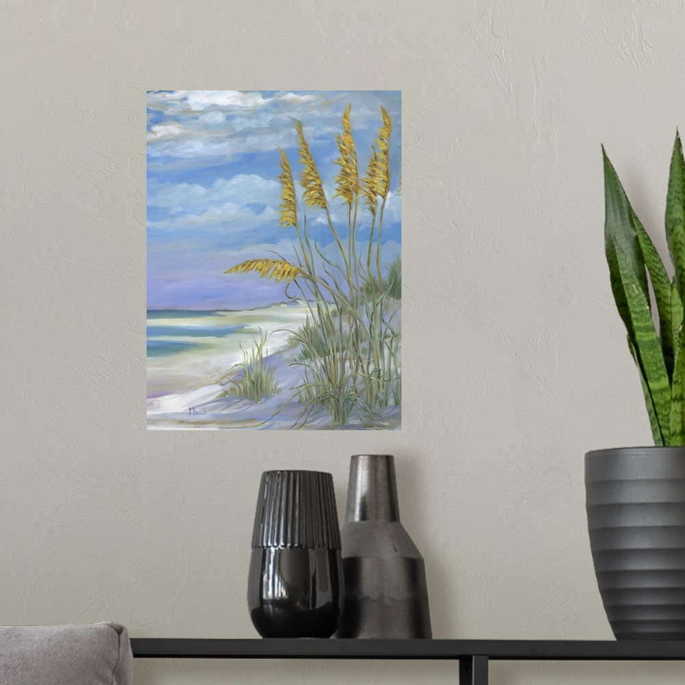 A modern room featuring Contemporary painting of tall beach grasses with fluffy seed heads on a sand dune.