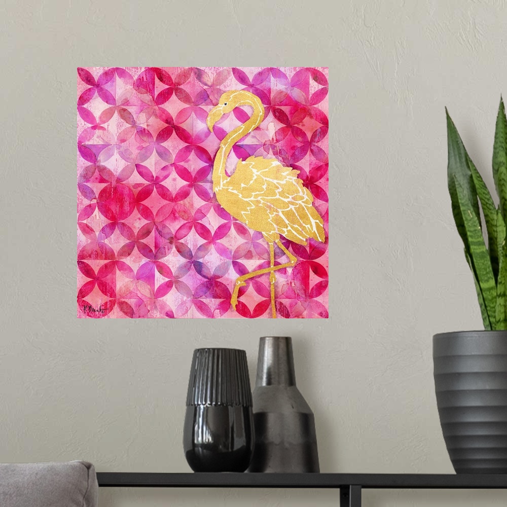 A modern room featuring Square decor with a metallic gold flamingo on a pink and purple patterned background.
