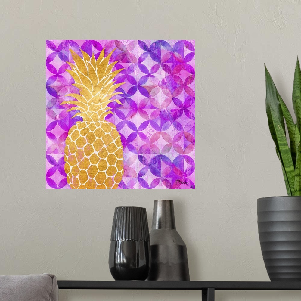 A modern room featuring Square decor with a metallic gold pineapple on a purple and pink patterned background.