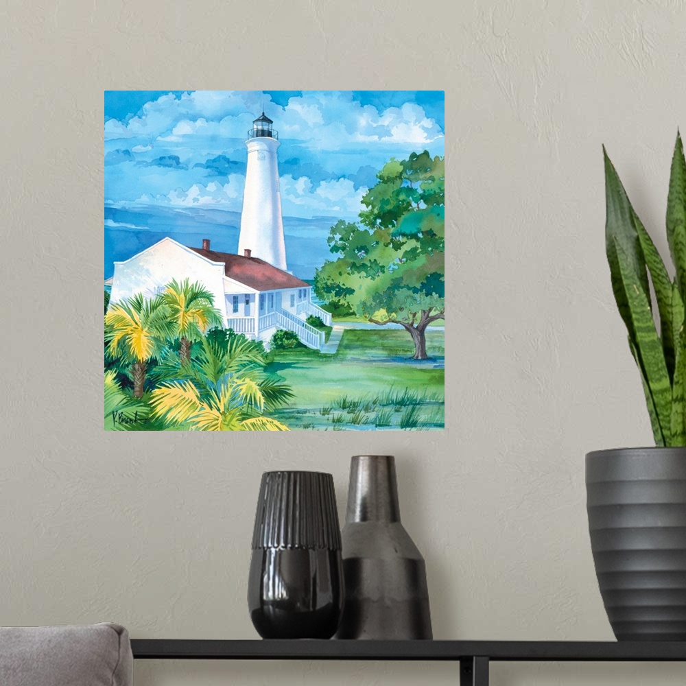 A modern room featuring Watercolor painting of a lighthouse with an attached house near some palm trees in Florida.