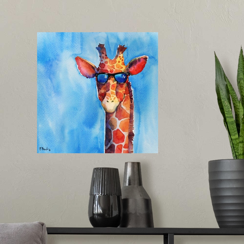A modern room featuring Square watercolor painting of a giraffe wearing sunglasses on a blue background.