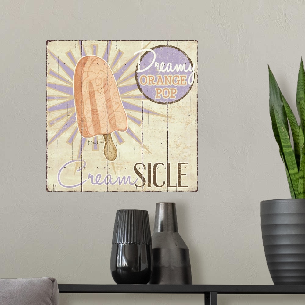 A modern room featuring A vintage ice cream shop sign featuring an orange creamsicle.