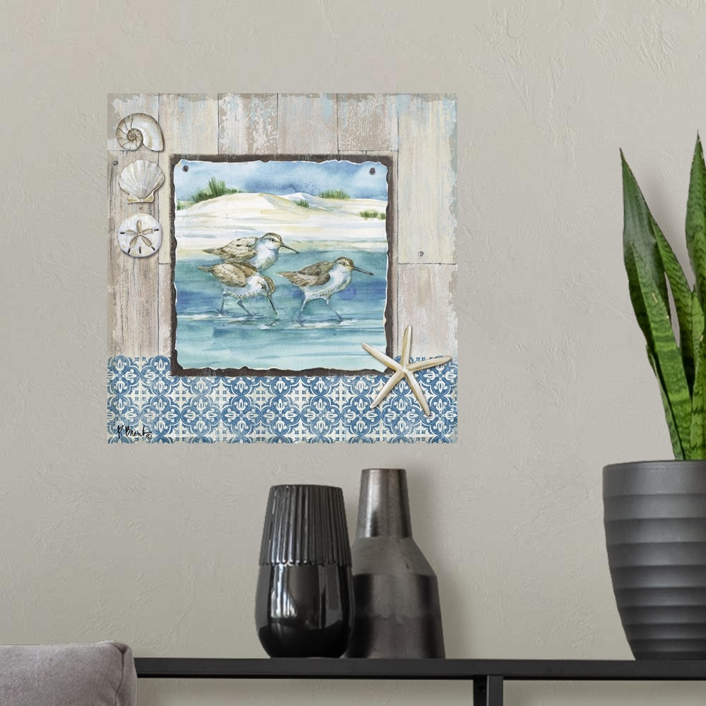 A modern room featuring Square beach decor with sandpipers and seashells in blue and brown tones.