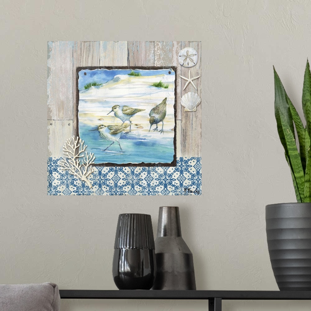 A modern room featuring Square beach decor with sandpipers and seashells in blue and brown tones.