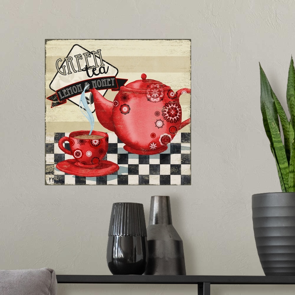 A modern room featuring A red tea kettle and cup filled with steaming hot tea on checkerboard.