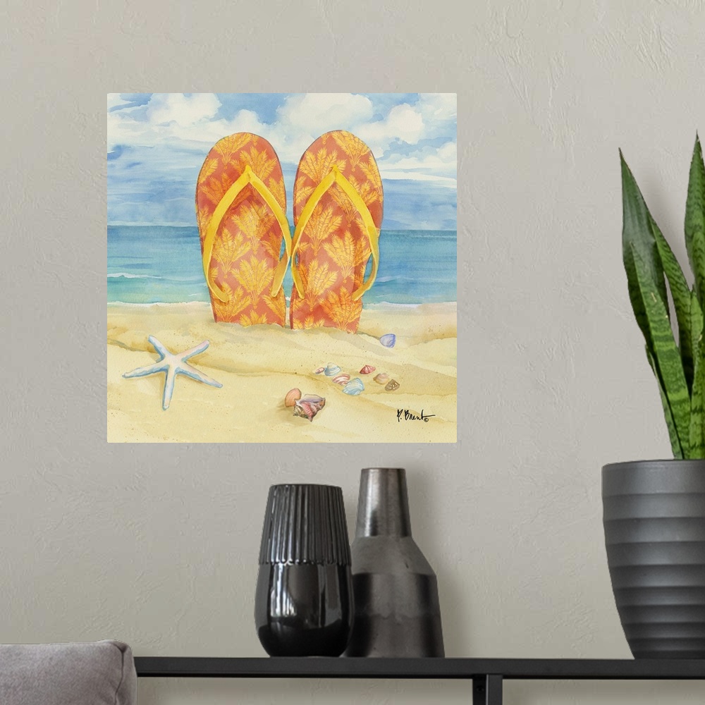 A modern room featuring Watercolor painting of flip flops in the sand on the beach.