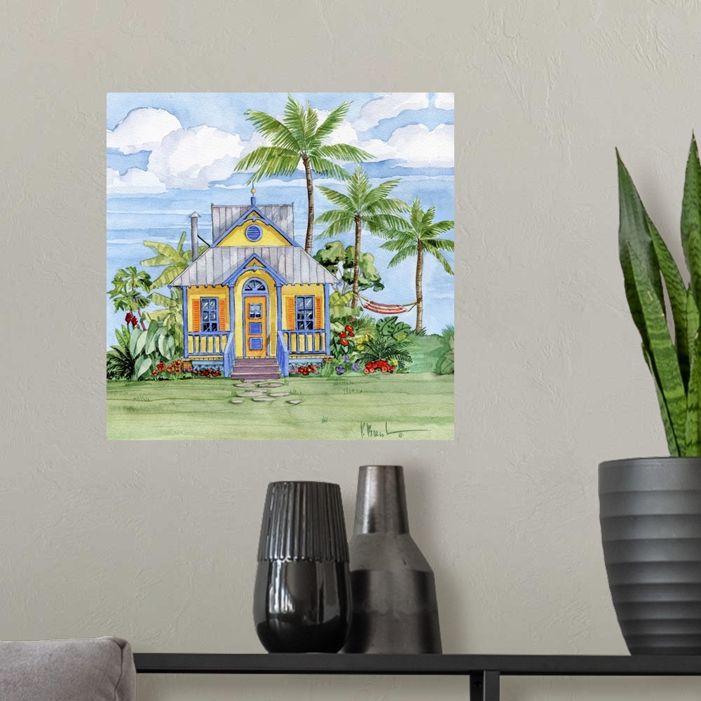 A modern room featuring Watercolor painting of a colorful beach cottage, with tropical plants and palm trees.