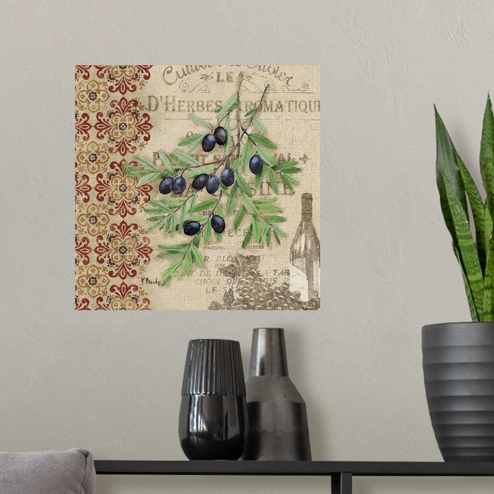 A modern room featuring Decorative art of a bunch of olives and a floral pattern on a vintage garden advertisement.