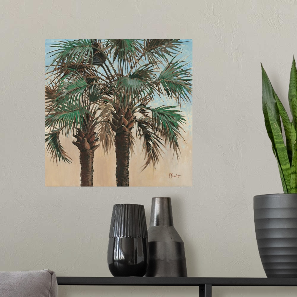 A modern room featuring Contemporary painting of two palm trees with leafy fronds.