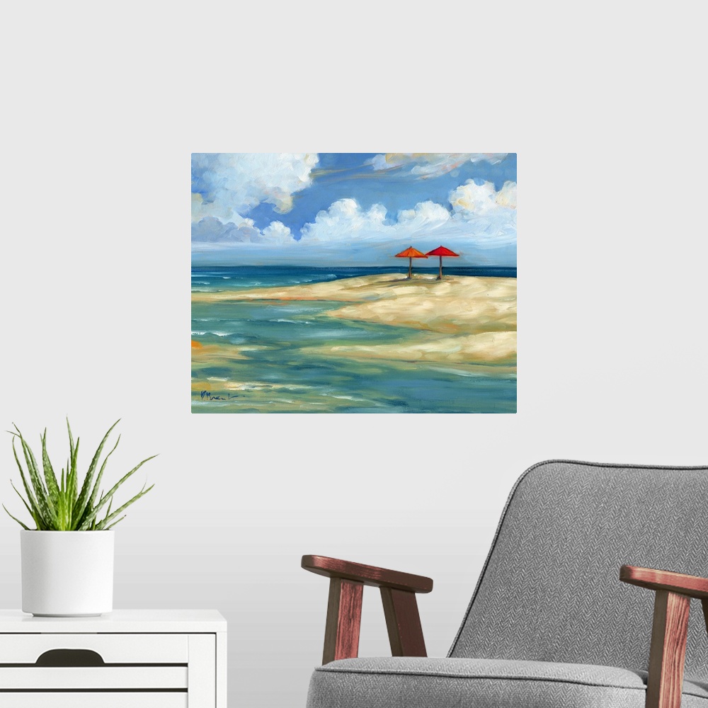 A modern room featuring Seascape with a sandy beach and two umbrellas under a cloudy sky.