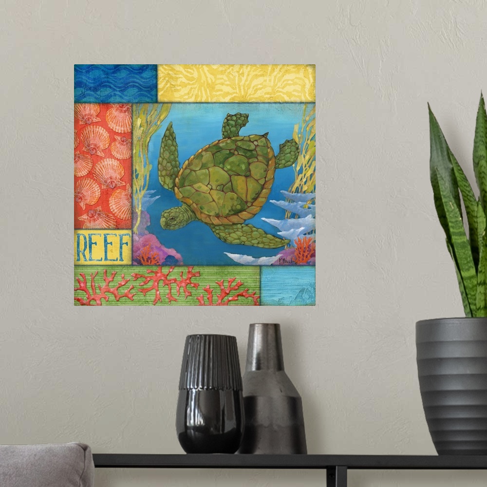 A modern room featuring Contemporary painting of a sea turtle swimming in the ocean near coral, with sea-themed panels.