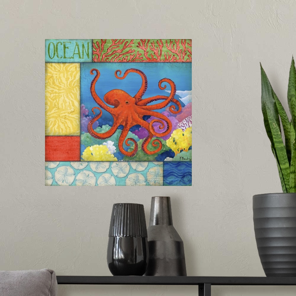 A modern room featuring Contemporary painting of an octopus swimming in the ocean near coral, with sea-themed panels.