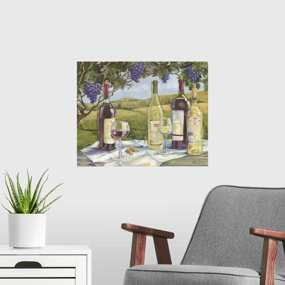 A modern room featuring Still life painting of wine bottles and wine glasses under a grapevine in a vineyard.