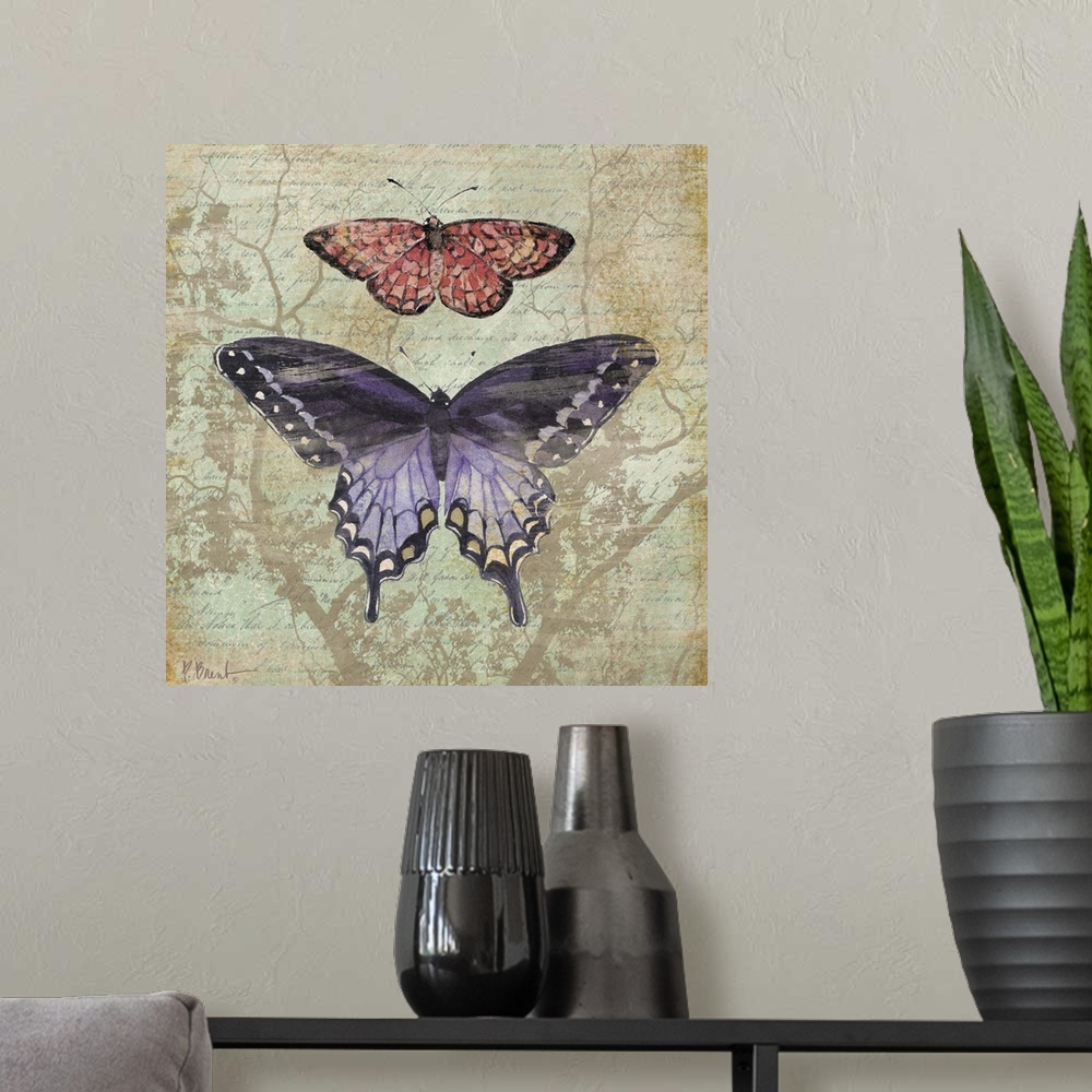 A modern room featuring Square panel with two butterflies over handwritten text and silhouettes of branches, done in a vi...