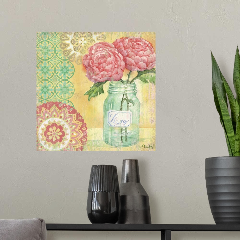A modern room featuring Contemporary decorative artwork of peonies in a mason jar with bright floral patterns.
