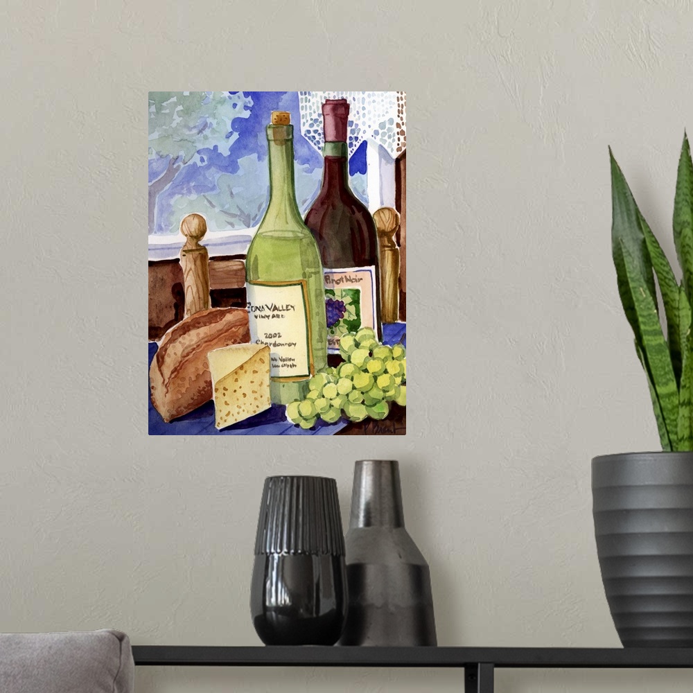 A modern room featuring Contemporary painting of two wine bottles, grapes, cheese, and bread on a table by a window.