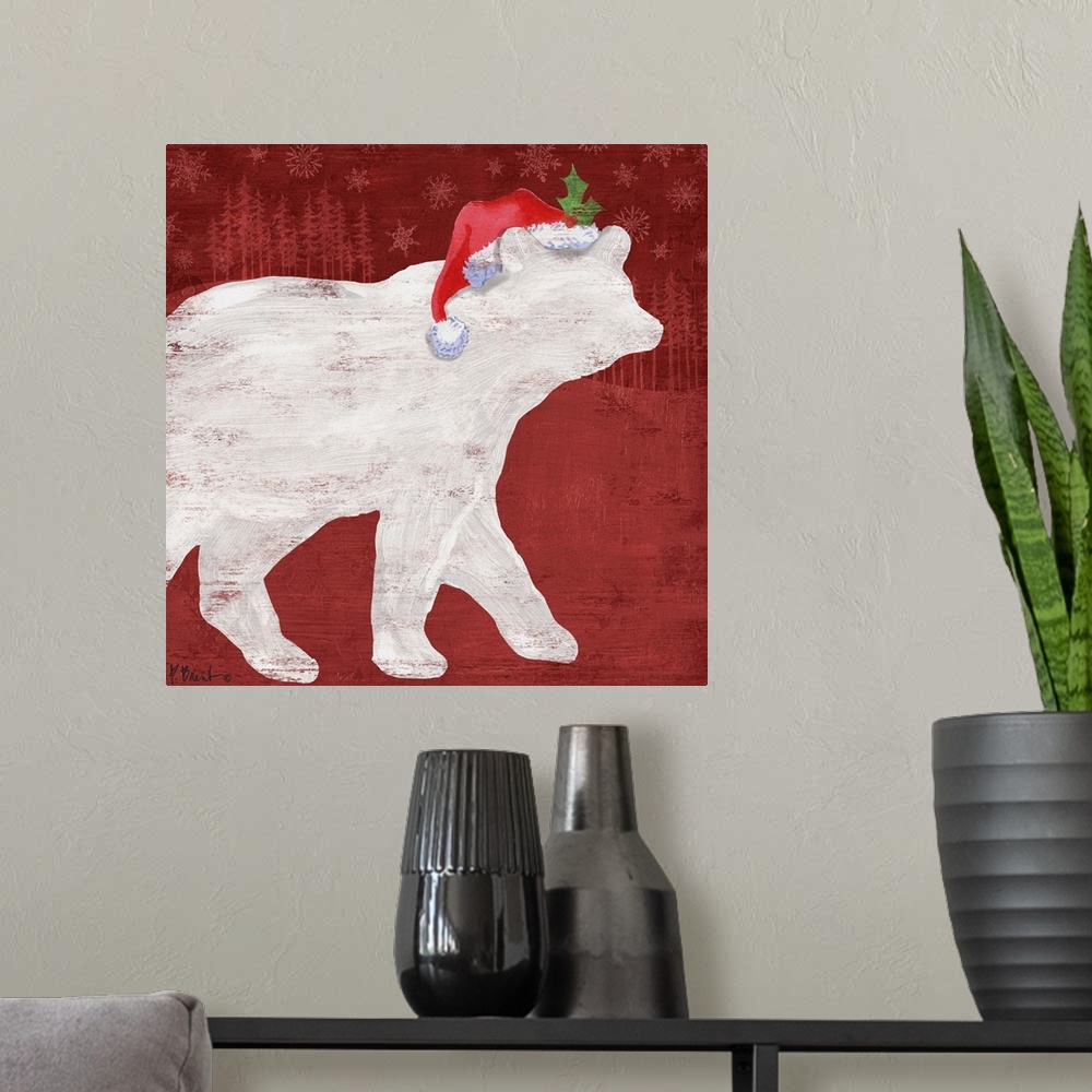 A modern room featuring White silhouette of a bear wearing a Santa hat on a red forest backdrop.
