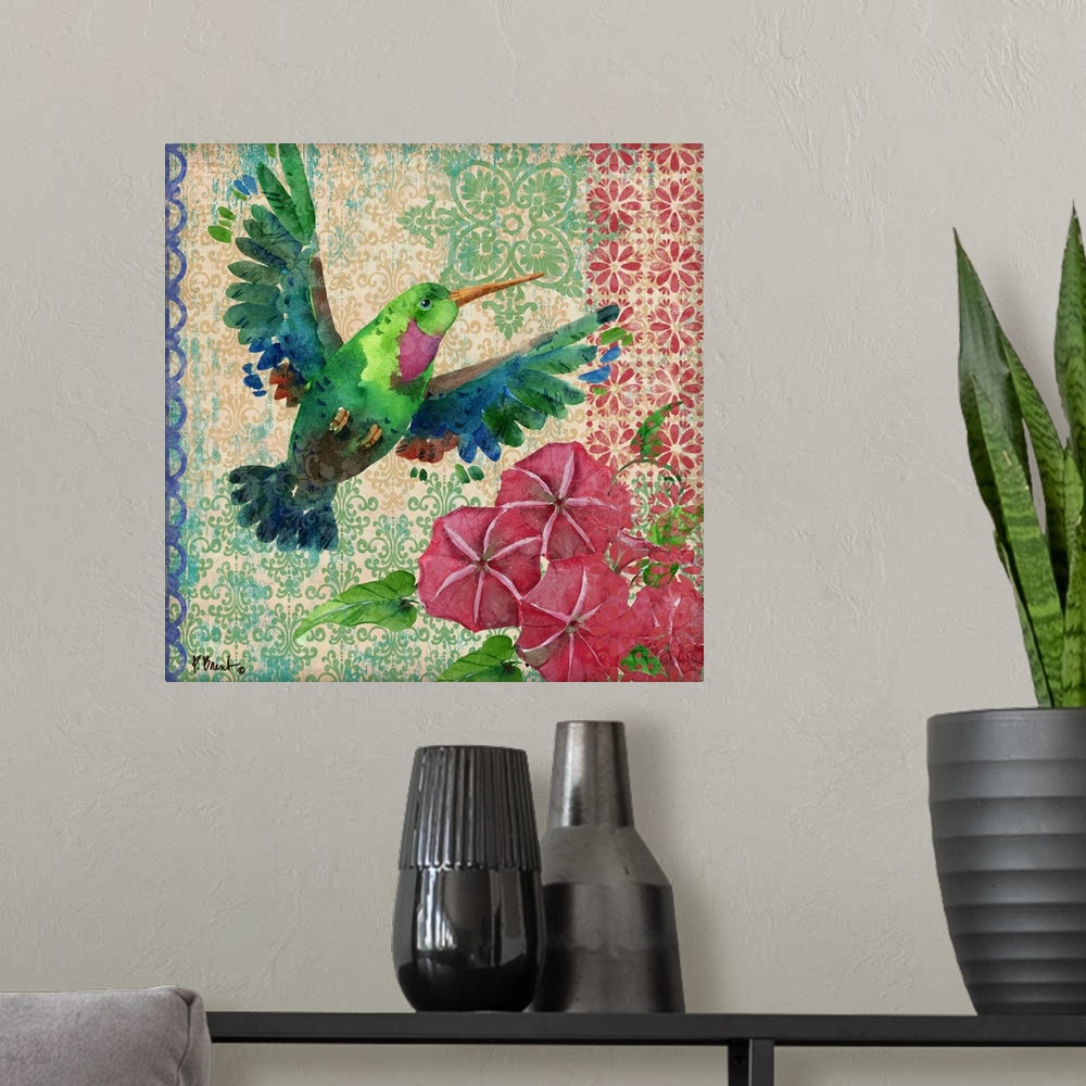 A modern room featuring Watercolor artwork of a hummingbird with morning glories and vintage patterns.
