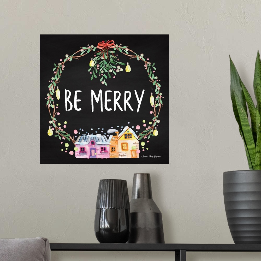 A modern room featuring Be Merry Wreath