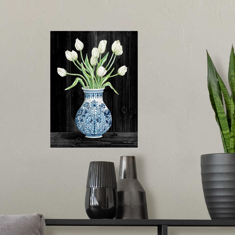 A modern room featuring Blue and White Tulips Black II