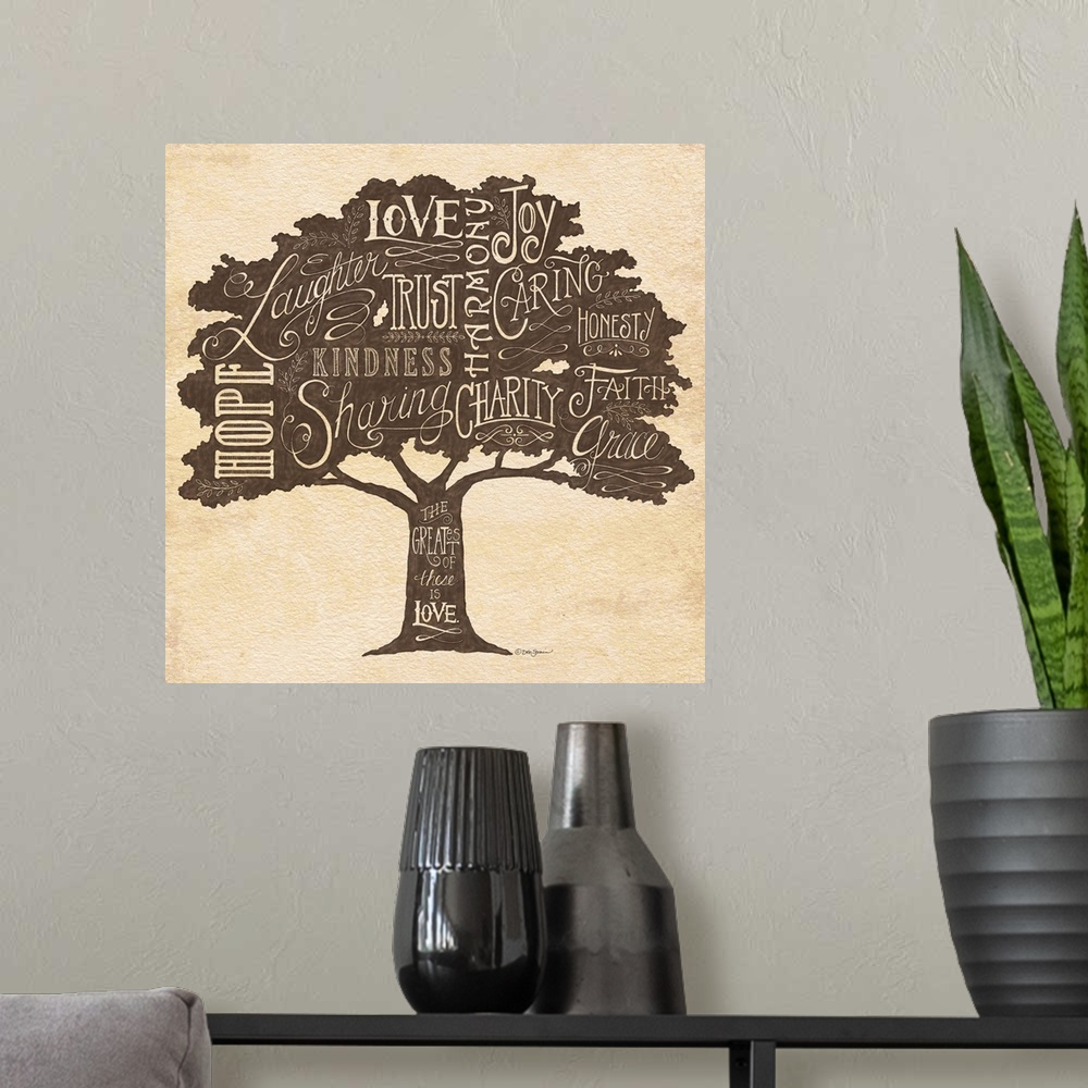 A modern room featuring A family tree with several positive attributes in decorative text.